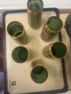 Set of 6 Green and Gold Decorative Glasses