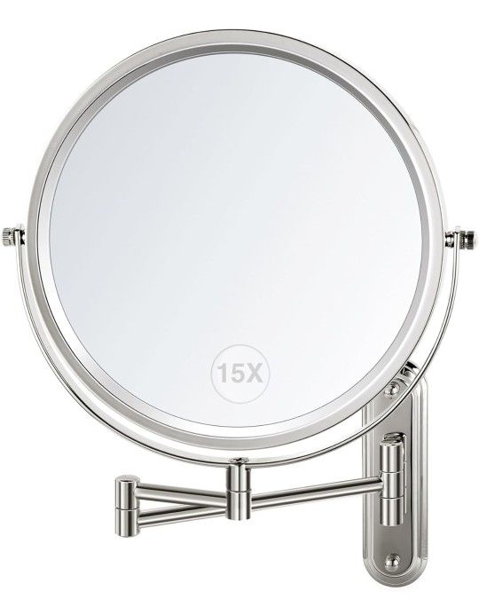 Wall Mounted Makeup Mirror - 8.5in Double Sided Makeup Mirror with Extended Arm,1X/15X Magnifying Mirror for Makeup or Shaving - Chrome, No Lights
