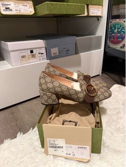 Gucci Block heel GG Supreme Leather Trim Embellishment Pumps