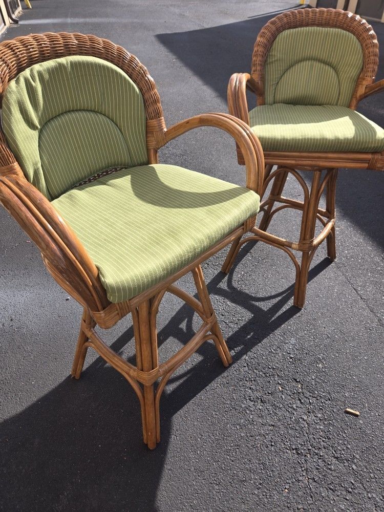 Two Beautiful Rattan And Wood Bar Stools With Cushions