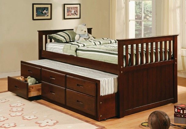 Twin Size Captain Bed with Trundle 3 Drawers Espresso Finish