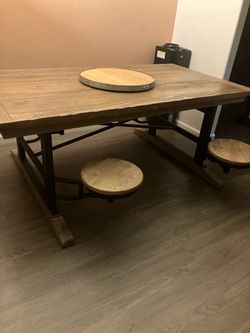 Teak wood dining table w attached seats