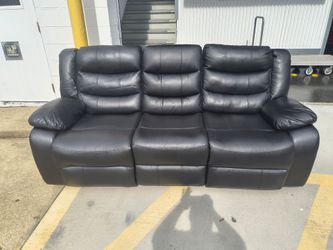 Black Faux Leather Reclining Sofa - 3-Seat Dual Recliner Couch w/ Fold-Down Console & Cupholders