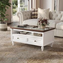 39.4" Rectangle Coffee Table with Storage, Farmhouse Coffee Table TemperGlass Top, 2 Drawers & Open Shelf, Farmhouse Vintage Center Table for Living R