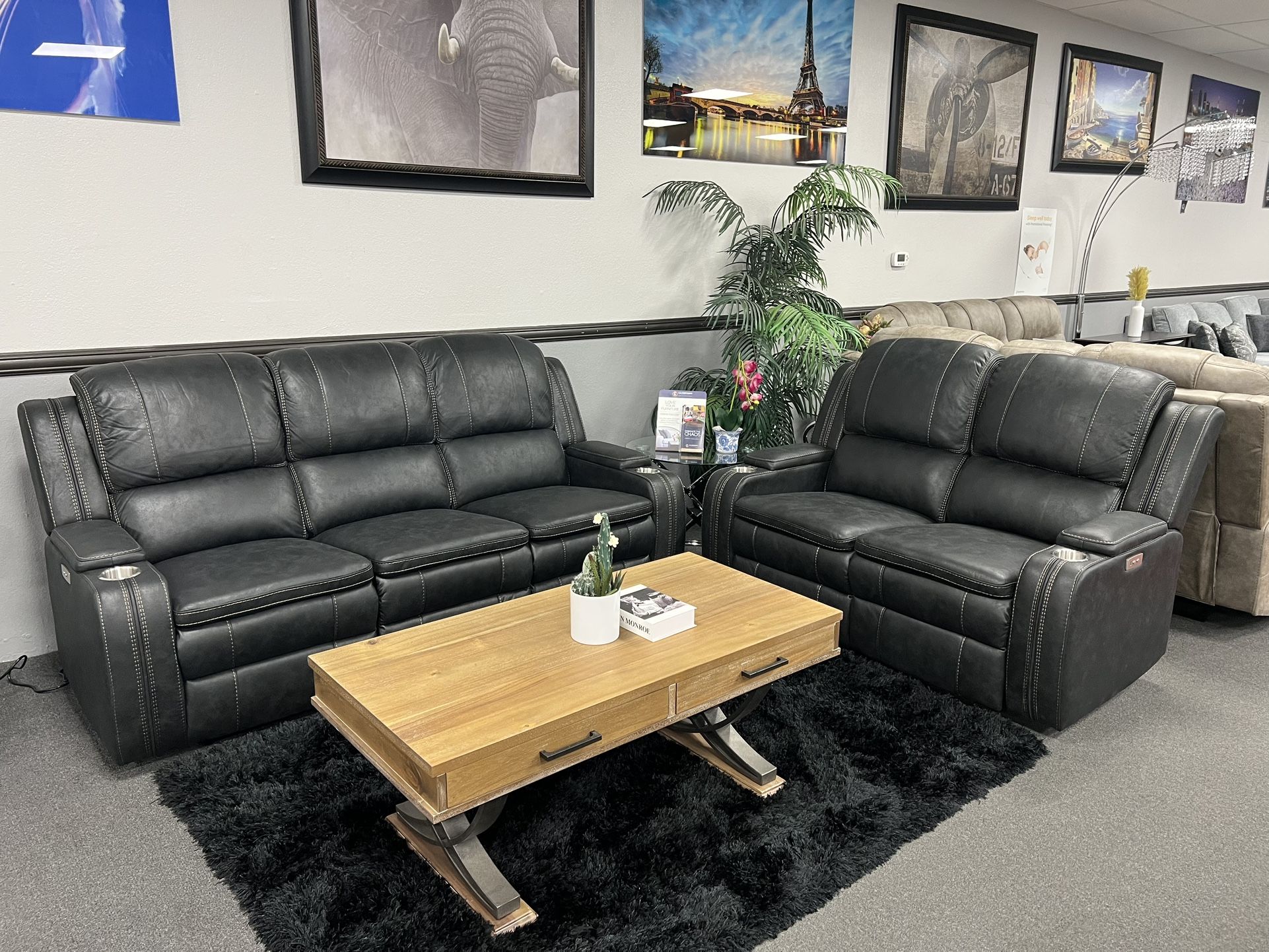 2PC Charcoal Sofa & Loveseat w/ Power Recliners