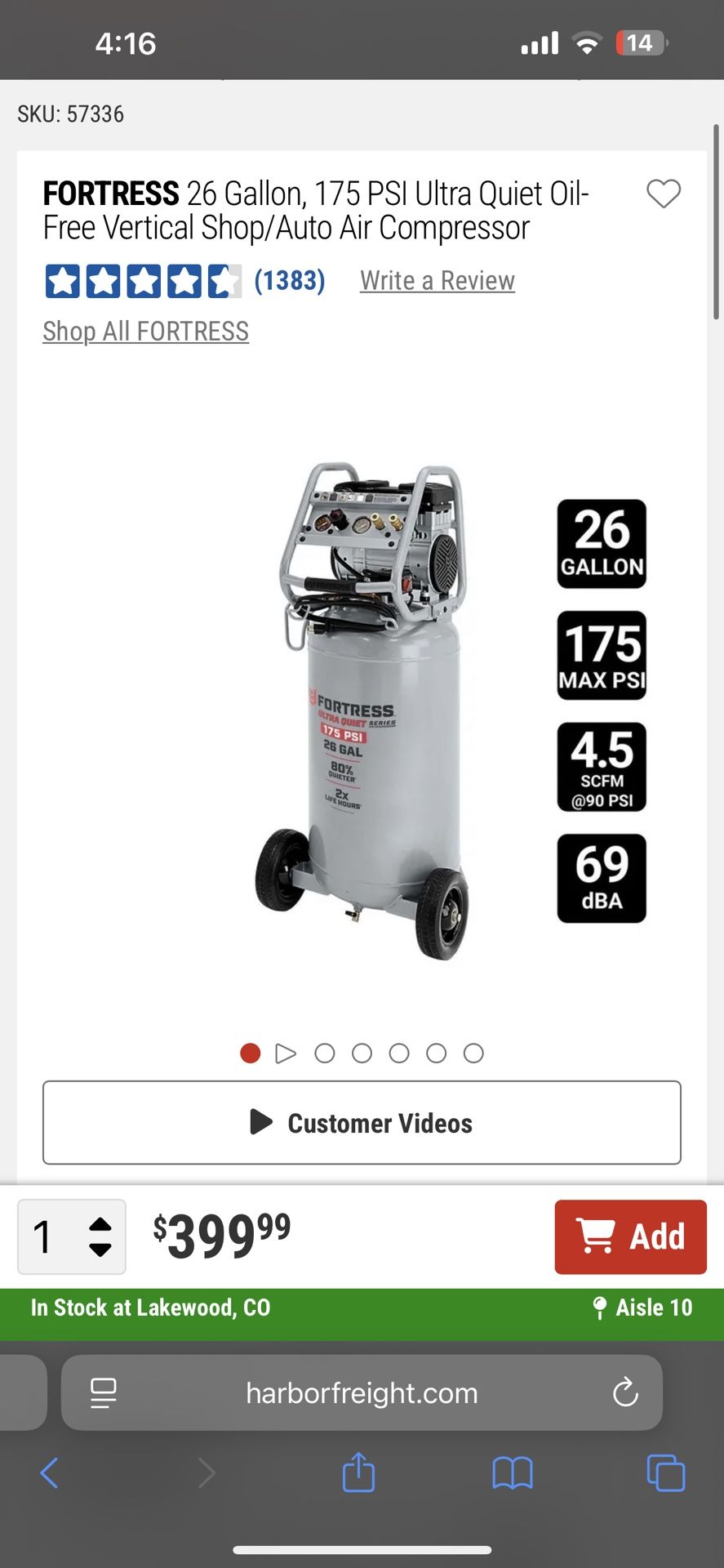 FORTRESS 26 Gallon, 175 PSI Ultra Quiet Oil-Free Vertical Shop/Auto Air Compressor