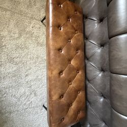 Button-Tufted Leather Ottoman Bench – Yellowish Brown (Like New)