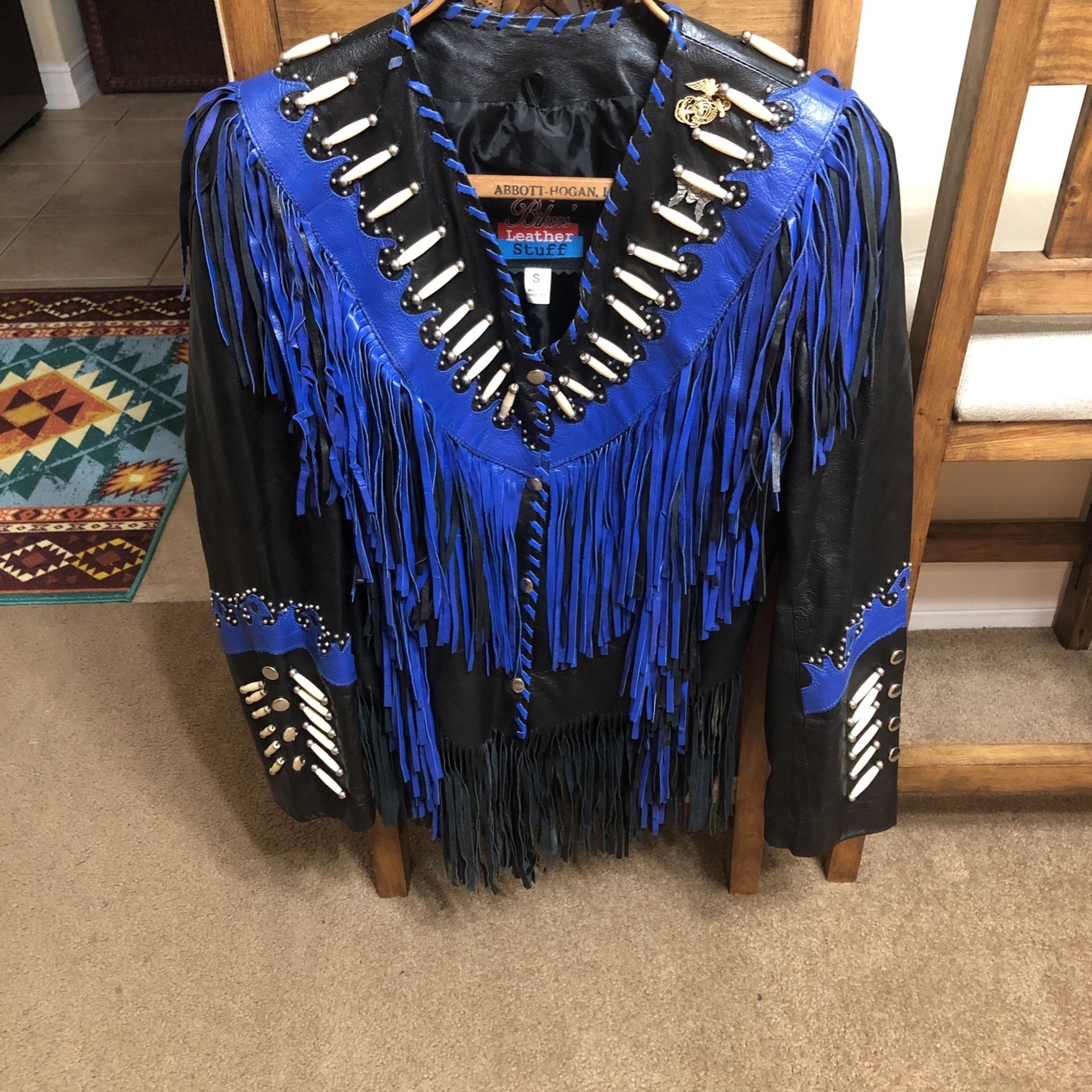 Beautiful Leather Jacket Black With Blue Fringes . Wore Once , Size Small