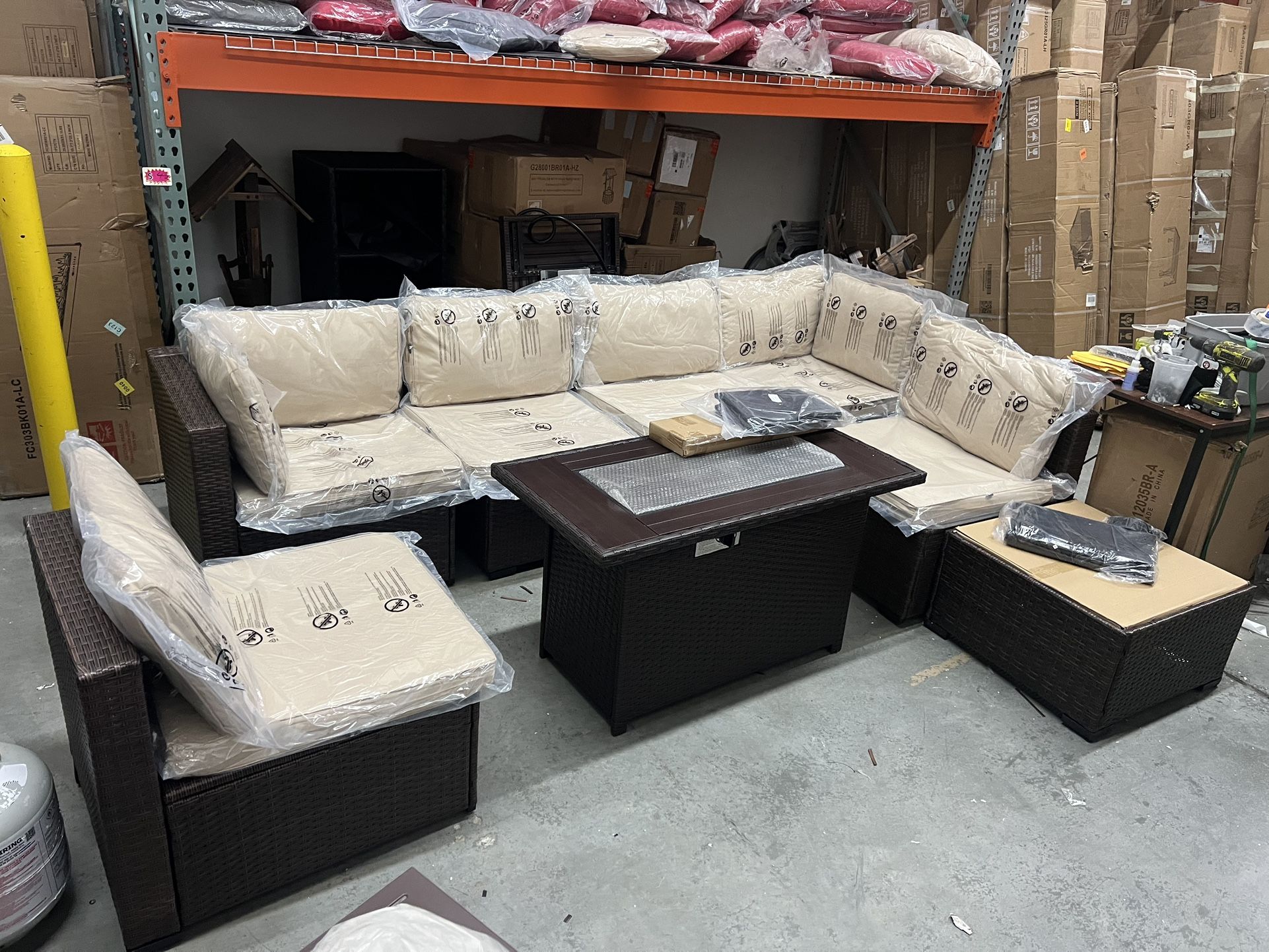 New.8 Pieces Outdoor Patio Set With Fire Pit Table And Glass Coffee Table