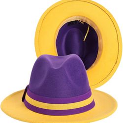 Men Women Two Tone Classic Wide Brim Fedora Hat with Purple Yellow Lakers One Size
