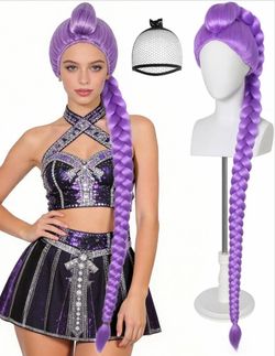 Rumi Purple Braid Wig and hair cap for Women Halloween Cosplay