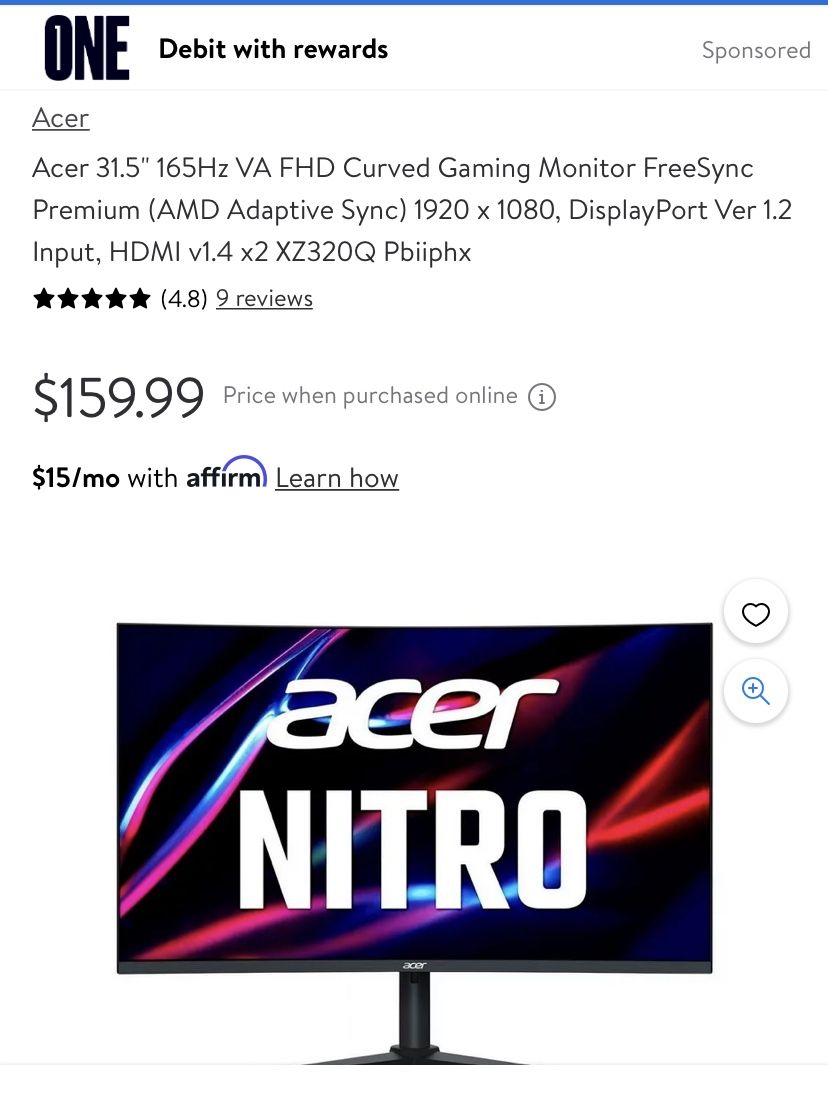 Acer Nitro 31.5" FHD 1920 x 1080 1500R Curved PC Gaming Monitor