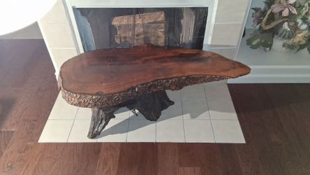 Live-edge Myrtle  Burl Coffee Table with a natural root base