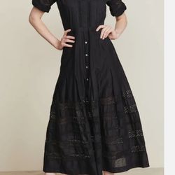 LOVE SHACK FANCY Black Edie Cotton Poplin Lace Button-Down Shirt Dress : L New
