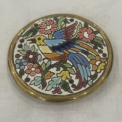 Small, hand-painted Sevillearte ceramic wall plate with bird and floral motifs, 24k gold trim.