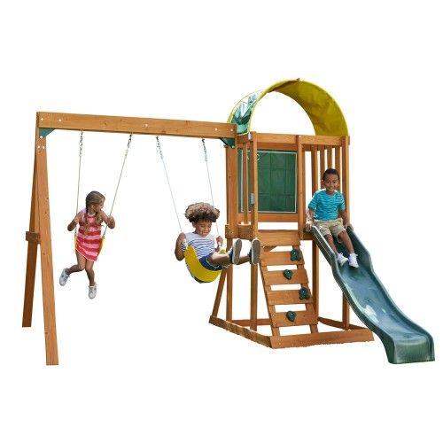 KidKraft Ainsley Wooden Outdoor Swing Set with Slide, Chalk Wall, Canopy and Rock Wall