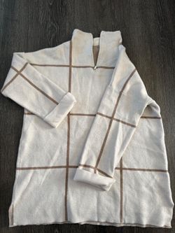 Christian Siriano Women's Cream Brown Windowpane Plaid Quarter Zip Sweater M