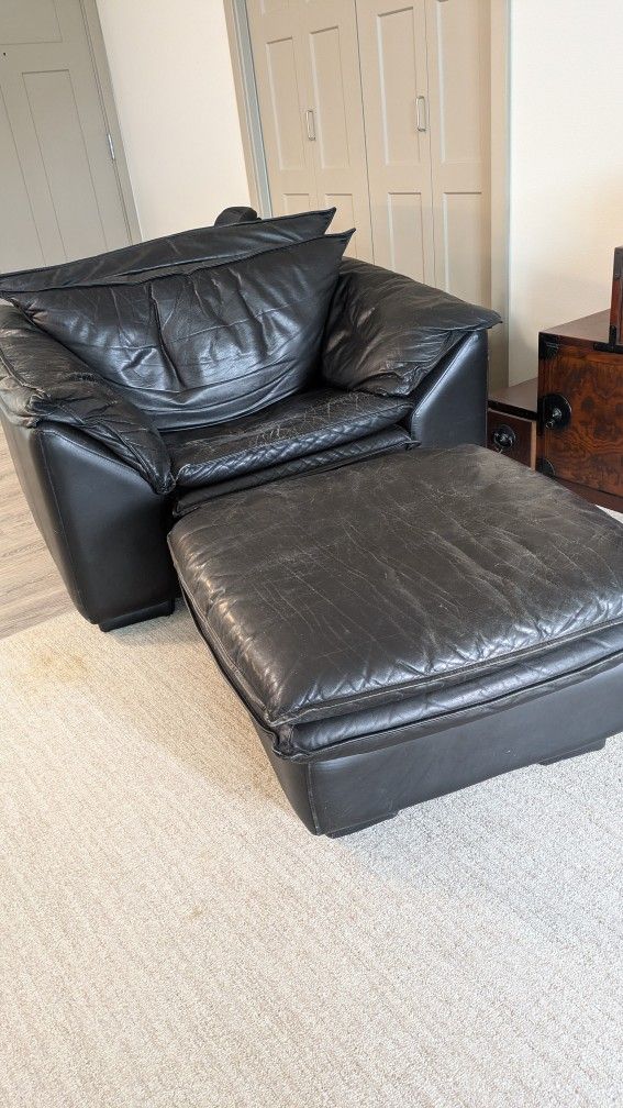 Vintage Italian Leather Oversized Chair + Ottoman