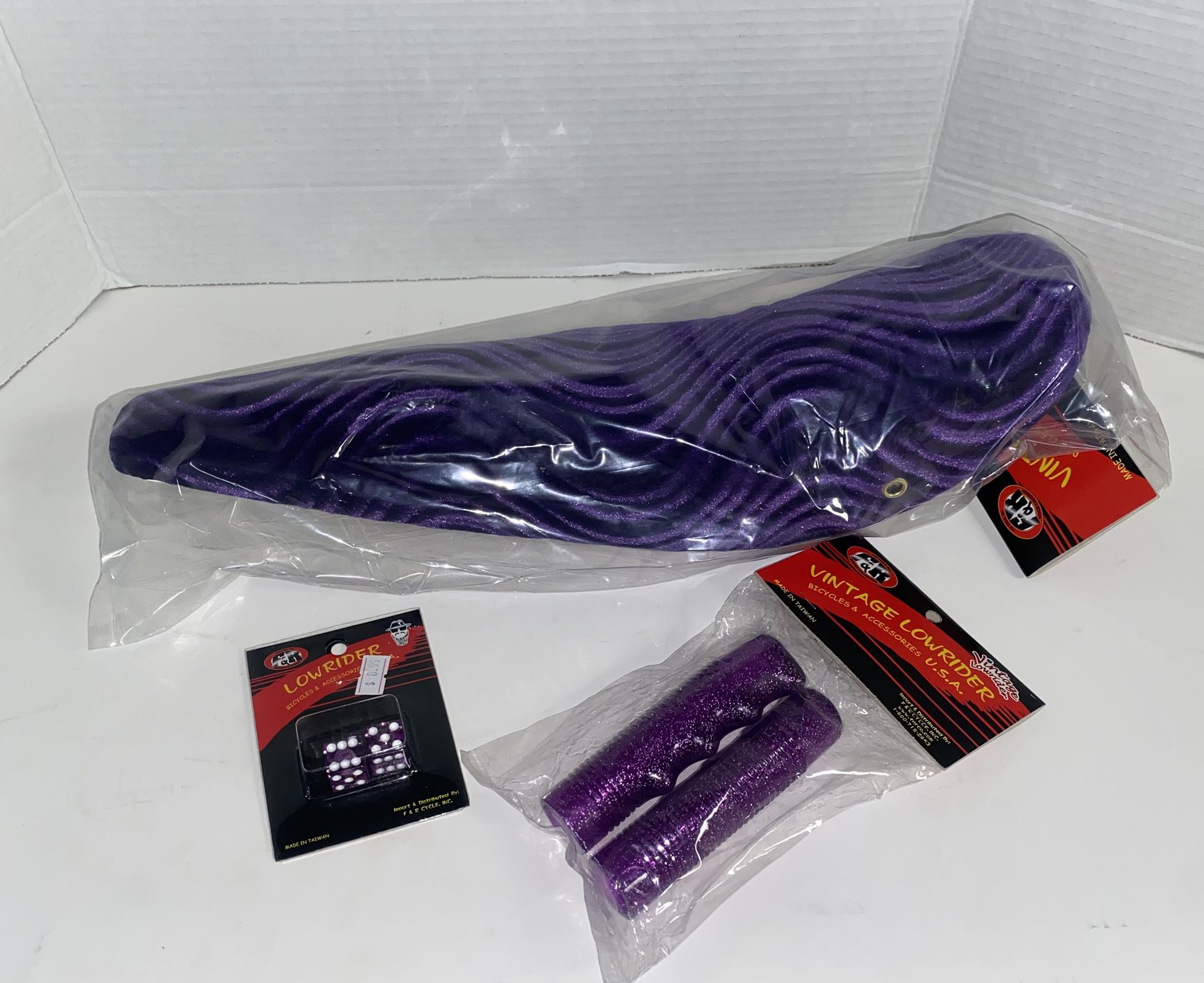 20” Purple Velour Banana Seat Grips And Dice Valve Caps