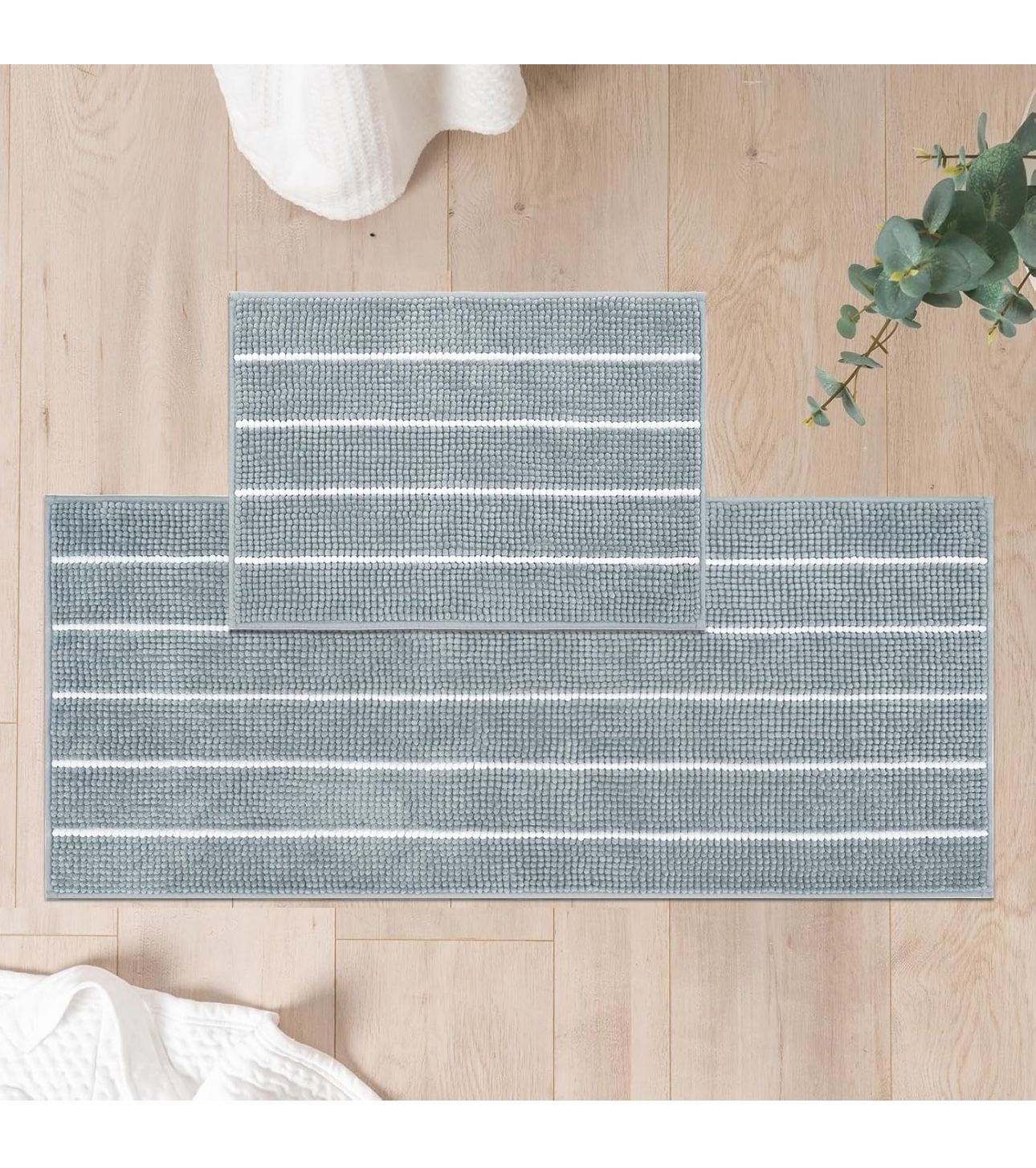 FRESHMINT Stripe Chenille Bathroom Rugs Set 2 Piece 17"x24"+20"x47", Water Absorbent Soft Bath Mat for Bathroom, Non Slip Bath Rug Washable Quick Dry