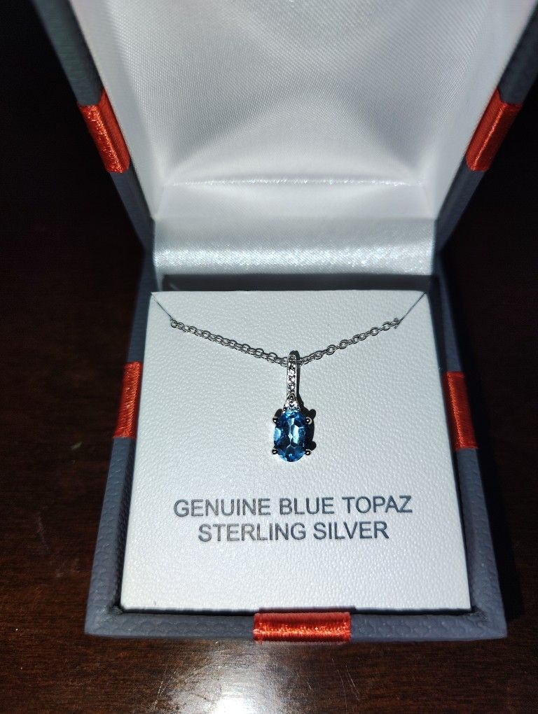Genuine Swiss Blue Topaz Pendant On Sterling Silver Necklace