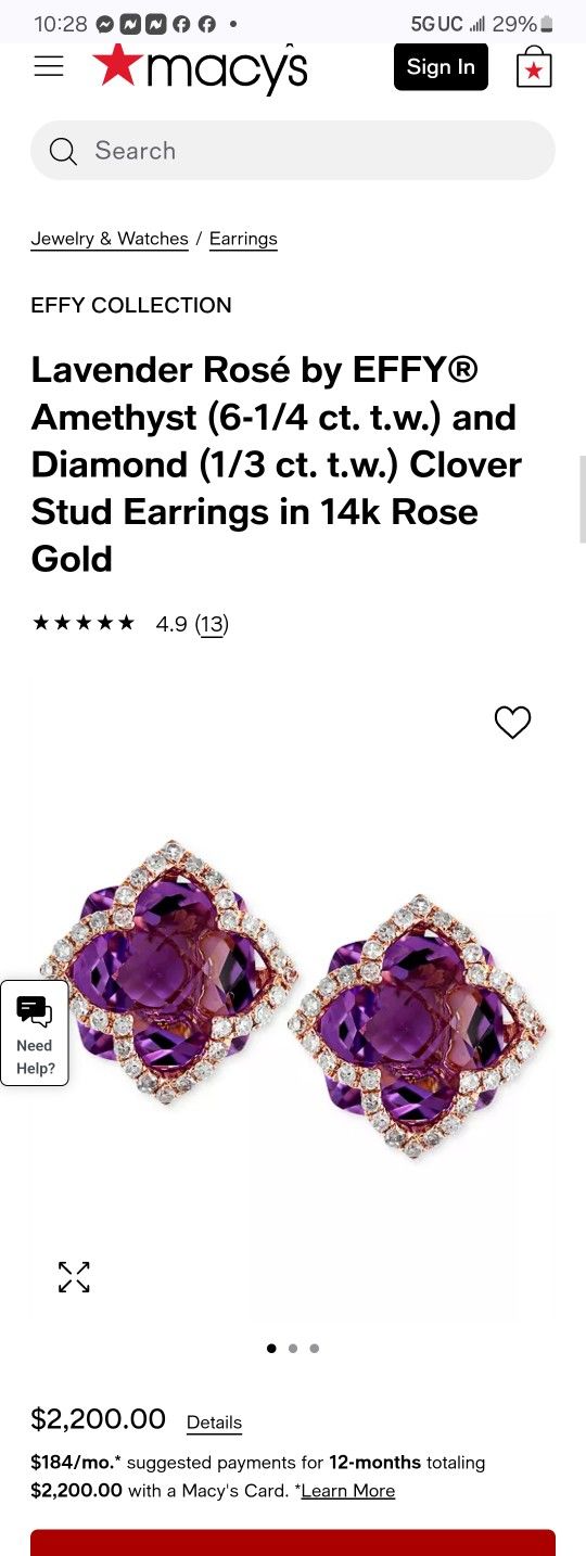 EFFY Lavender Rose: 14kt Rose Gold &Genuine Diamond & Amethyst Earrings