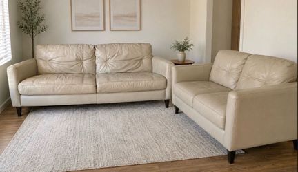 Cream Leather Sofa & Loveseat Set