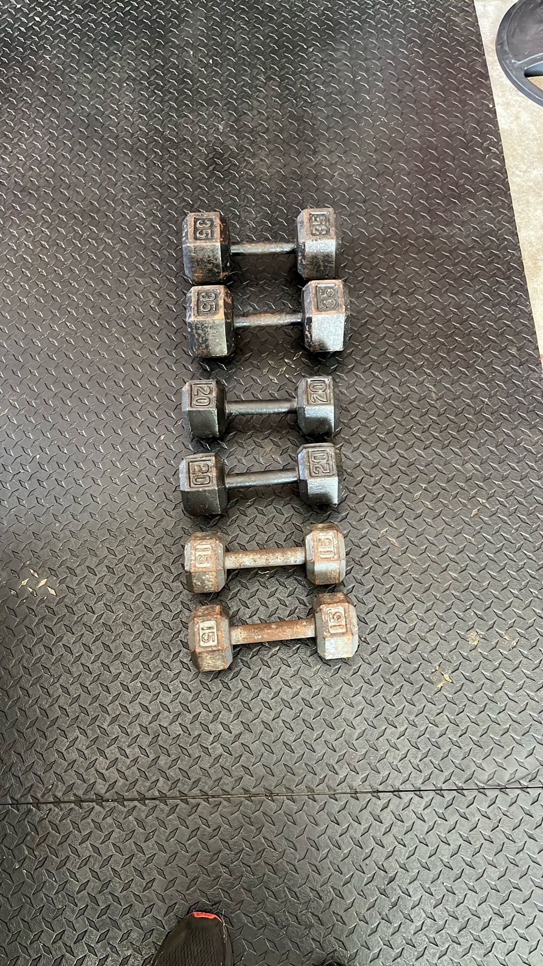 Dumbbells—- #35, #20, # 15 ($1.50 Pound)