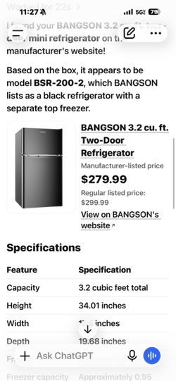 Bangson 3.2 Cu. Ft. Two-Door Mini Refrigerator