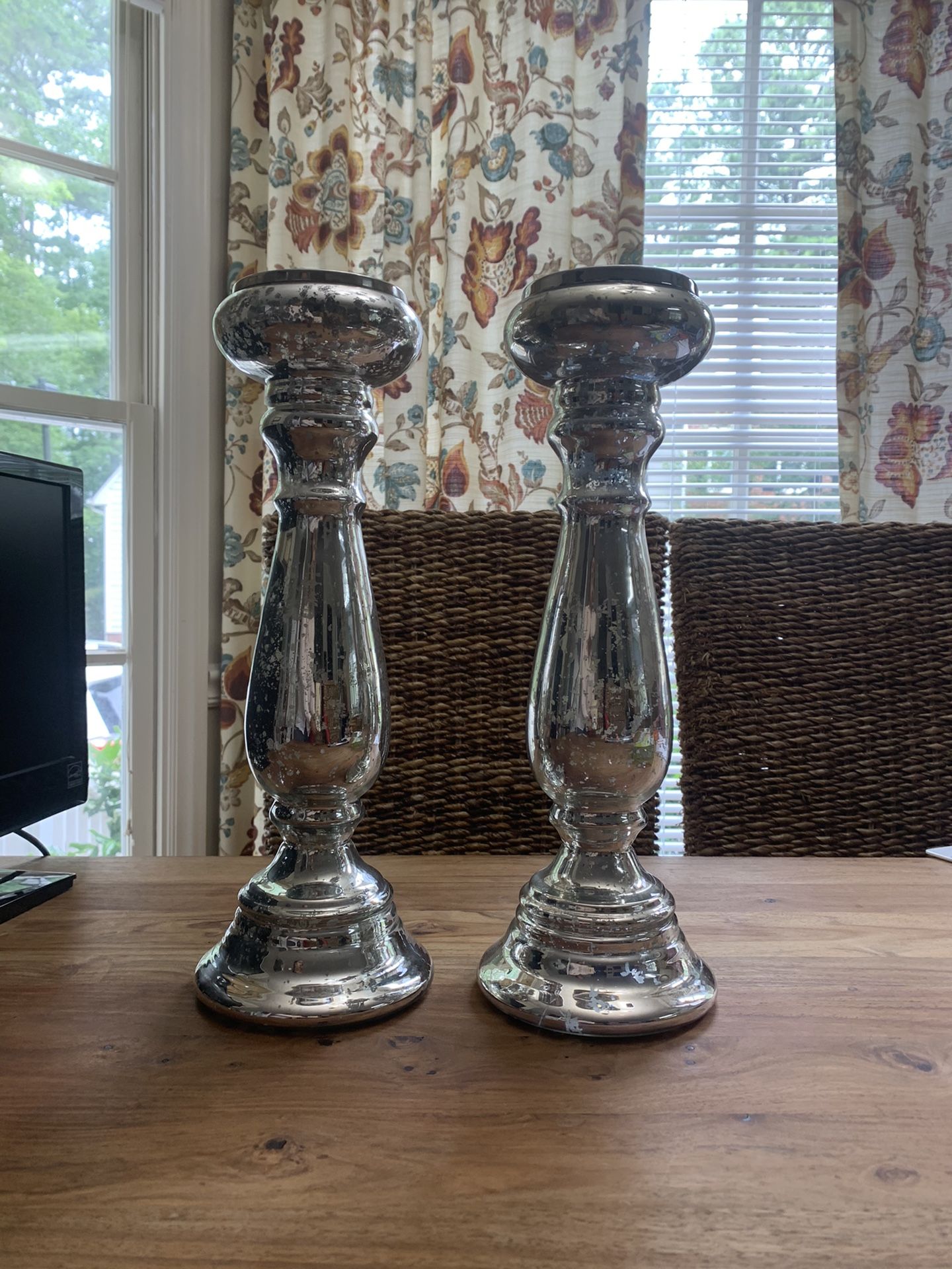 Two @home mercury glass candle sticks 16” tall