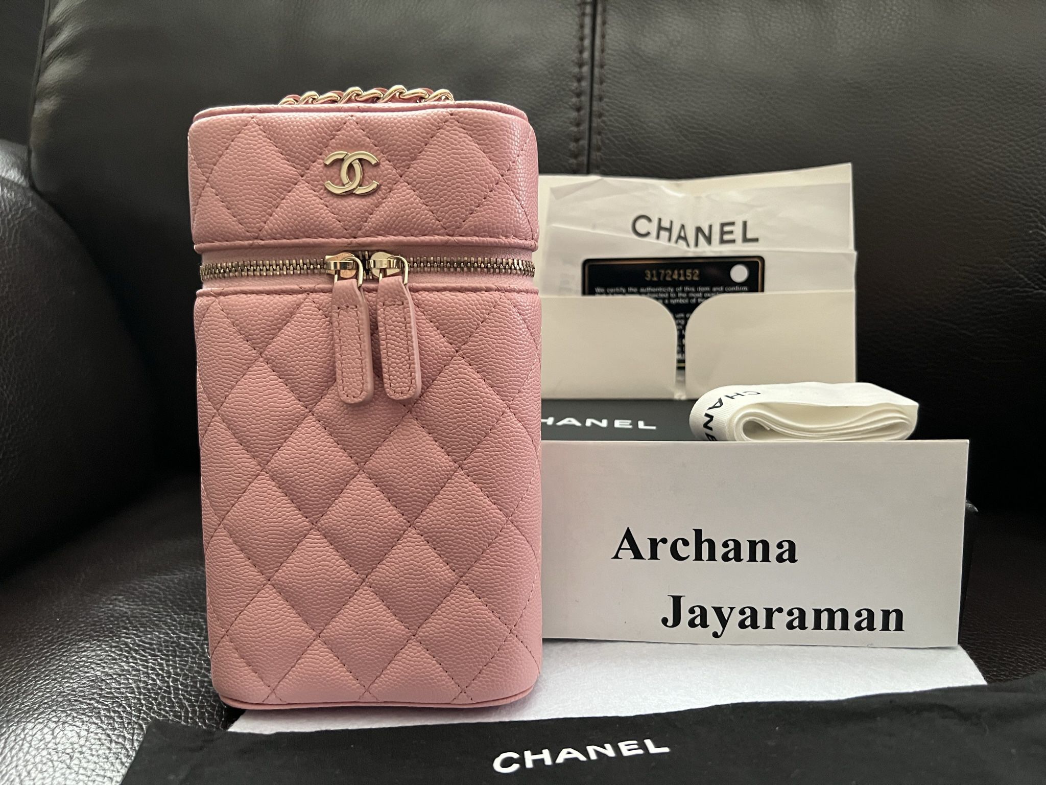 Chanel 22C Pink Caviar Vanity Phone Holder With Chain Gold Hardware
