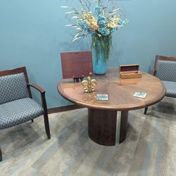 Wood Circular Table and Two Side Chairs