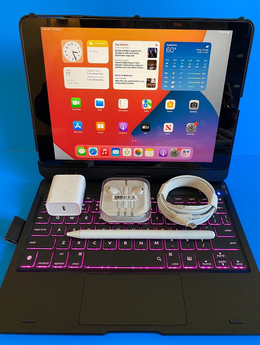 Apple IPad 9th Generation (10.2” Retina /Touch ID /IOS 17/ 2021 Model) 64GB with Pen, Keyboard  & Accessories 