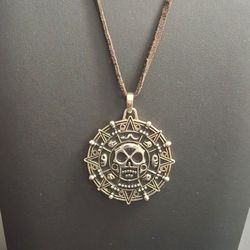 Disney Pirates Of The Caribbean Cursed Aztec Gold Coin Medallion Jack Sparrow Treasure Pendant On 19" Brown Cord Chain
