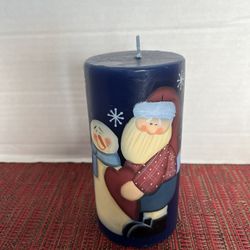 NEW 6" x 3" Wax Pillar Candle with Santa & Snowman with Snowflakes