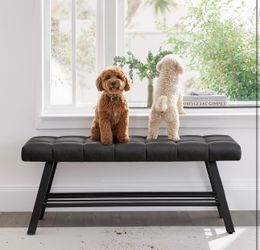 45" Entryway Bench with Storage Shelf, End of Bed Bench with Tufted Faux Leather Seat, Bedroom Bench with Metal Frame, 330 LBS Capacity for Entryway, 