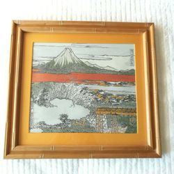 Vintage Framed Embroidery Ukiyo-e Japanese Mt. Fuji Hokusai Asia Fabric Art