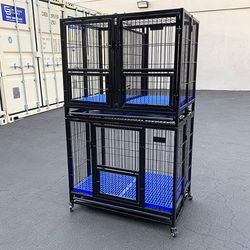 (Brand New) $310 Stacking Dog Crate 37”x25”x64” Heavy-Duty Cage Folding Kennel w/ Plastic Tray (Set of 2)