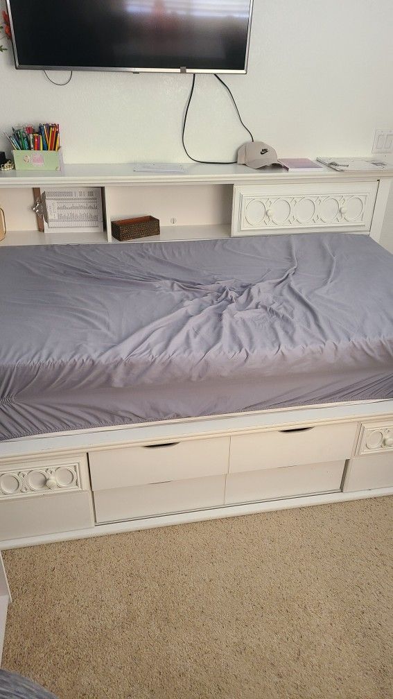 White Girls Bed Trundle Twin Book Shelf & Storage MEMORY FOAM Mattress