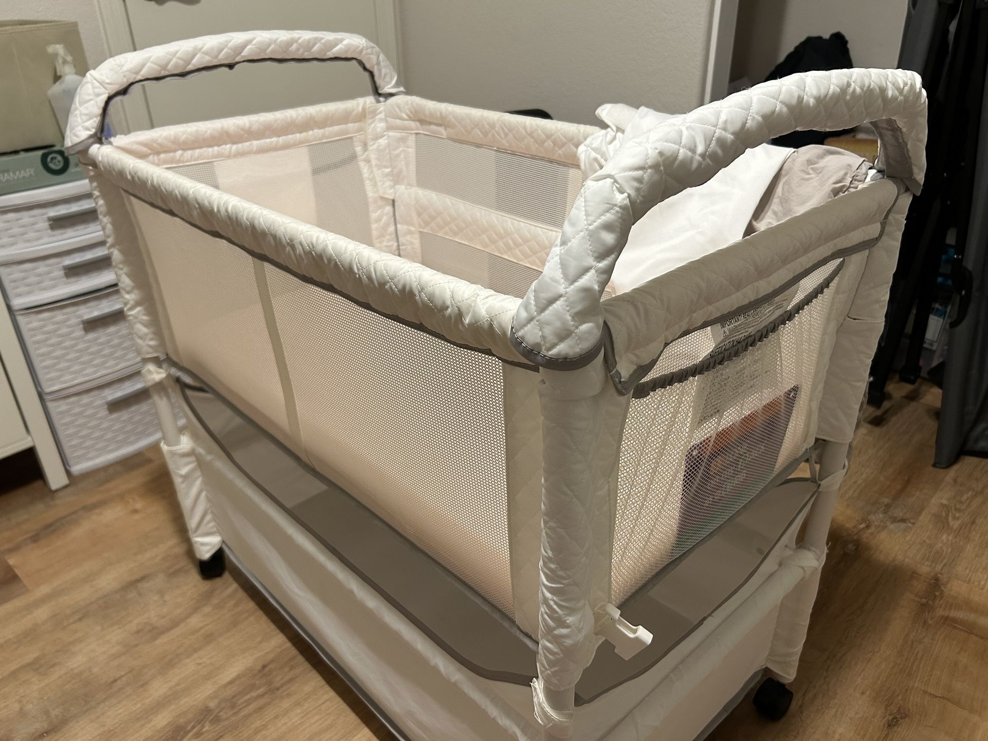 Arm's Reach Clear Vue Co sleeping baby bassinet and Ubbi Pail