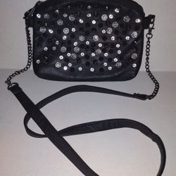 Maurices Womens Black Crystal Studded Crossbody Purse Small Faux Leather Zip Closure 