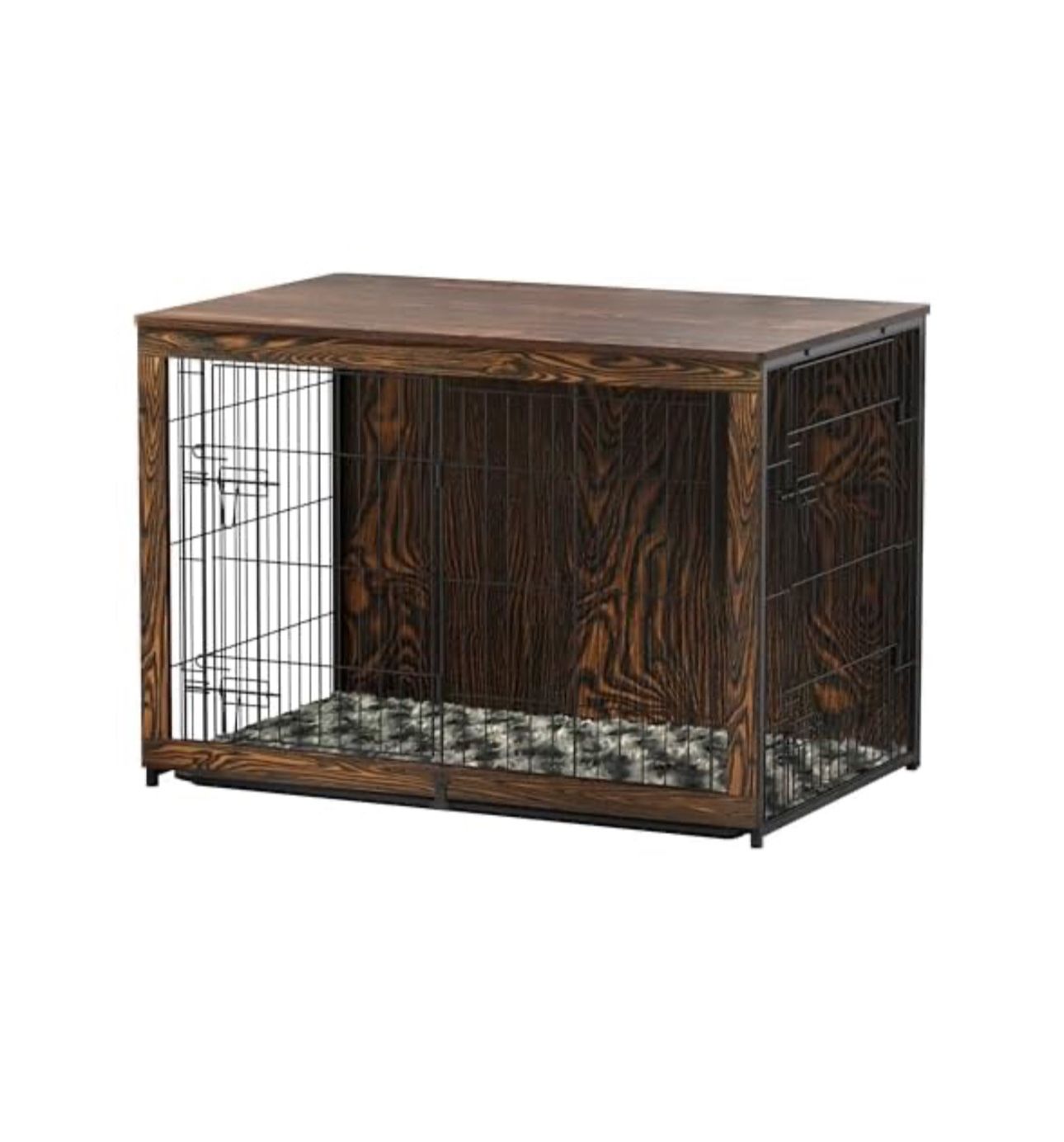 Megidok Wooden Dog Crate Furniture with Cushion,Large Dog Crate End Table with Tray, Double Doors Kennels Indoor (43.1" L*28.6" W*30.3" H, Rustic Styl