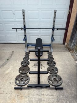 Olympic Weights, 7-ft Olympic Bar, EZ Curl Bar, Bench, Tree Rack