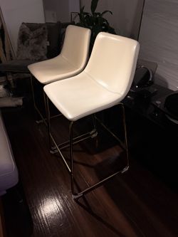 Pair of Cream Bar Stools — Gold Legs, Faux Leather