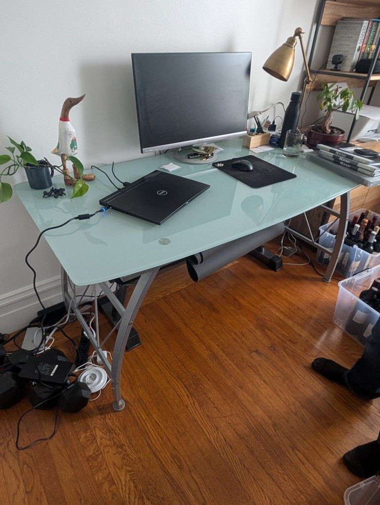 Desk Metal And Glass Silver And White Blue Glass