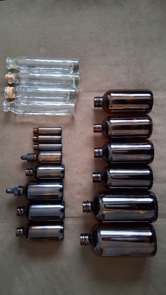 14 Amber Glass Bottles 