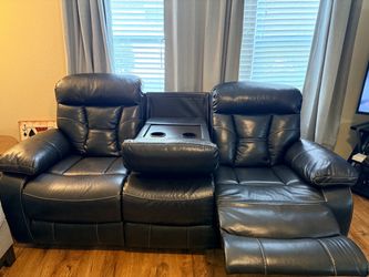Black Leather Reclining Sofa with Console and washer and dryer