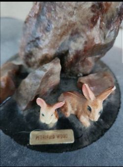 Petrified Wood Display with Rabbit Figurines