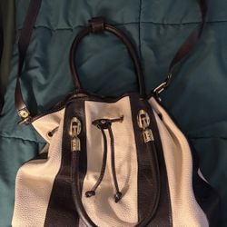 Valentina Pell 12” Dark Brown and Cream Italian Leather Drawstring Purse