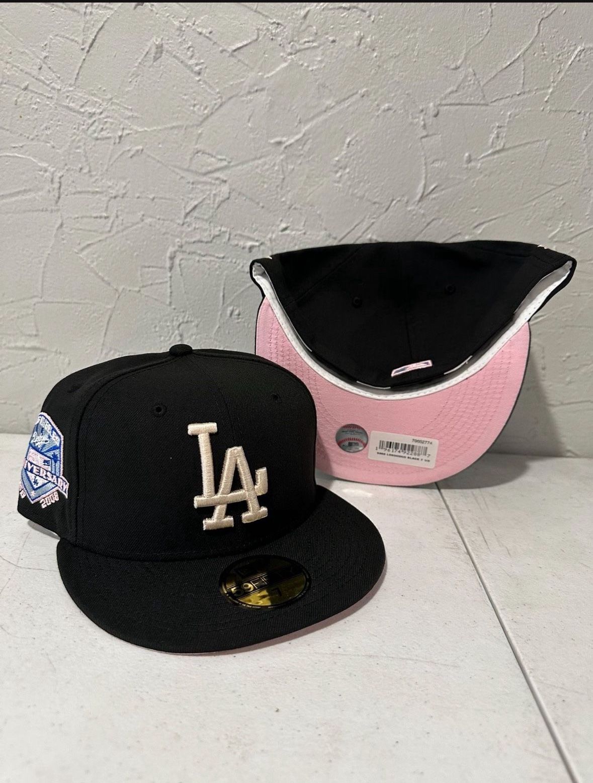 MLB New Era Los Angeles Dodgers Black Pink UV Anniversary Patch 59fifty Fitted Hats Size 7 And 7 1/2